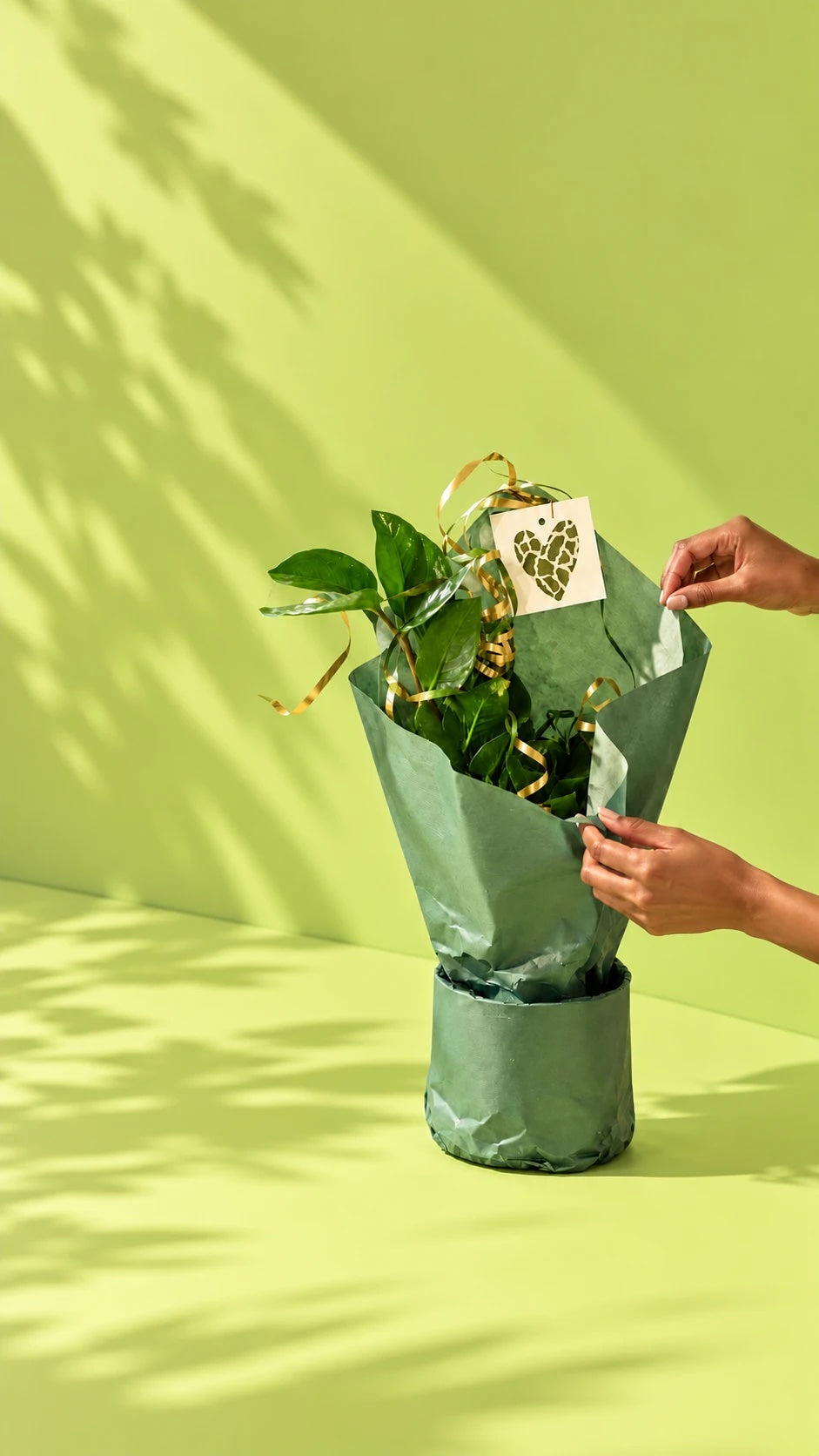 Een hand pakt een plant in groen papier in, met een kaartje met een hart